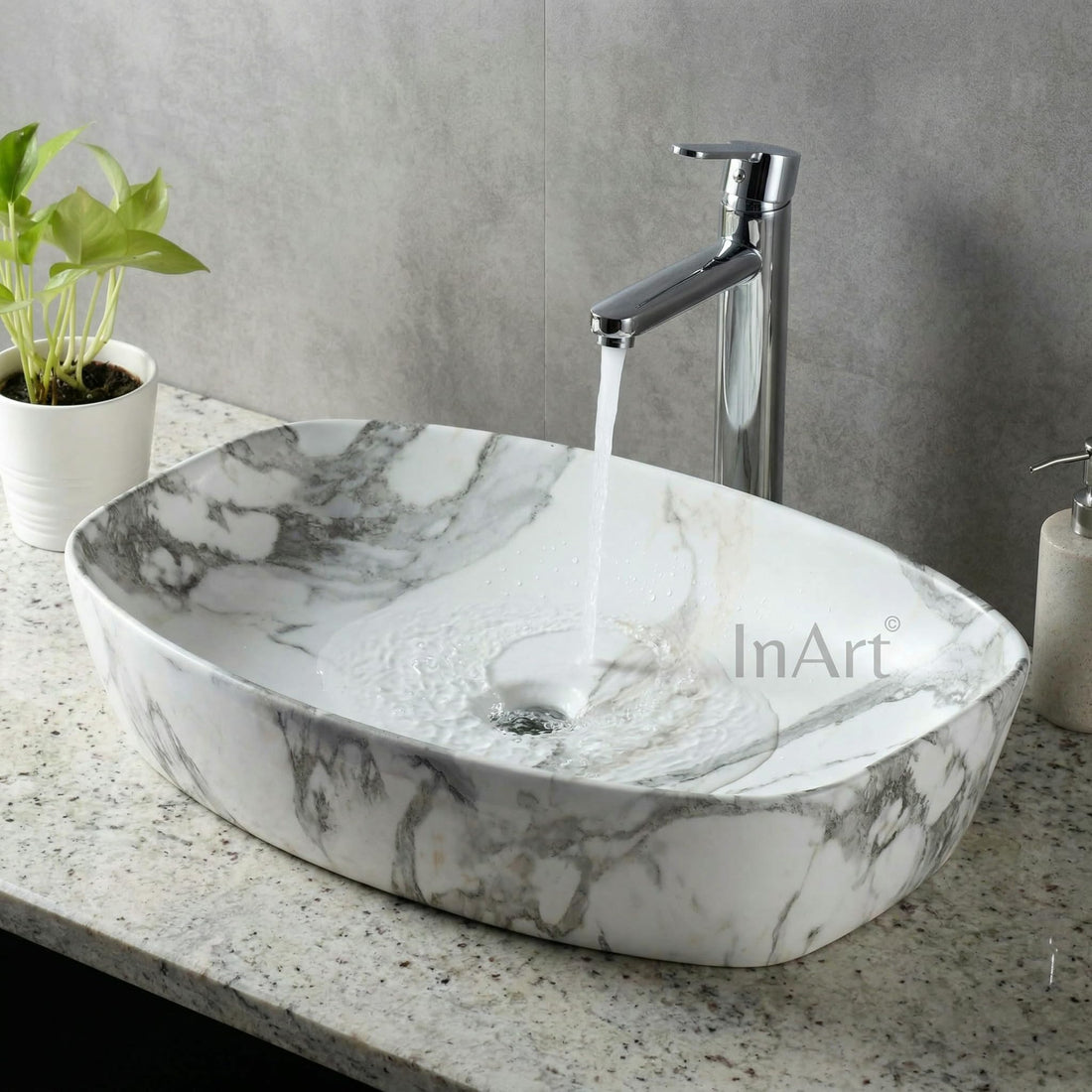 White and Gray Rounded Rectangular Ceramic vessel bathroom sink