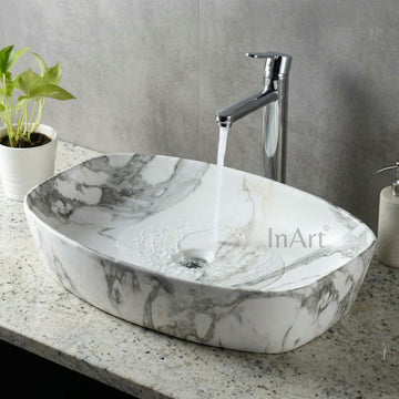White and Gray Rounded Rectangular Ceramic vessel bathroom sink