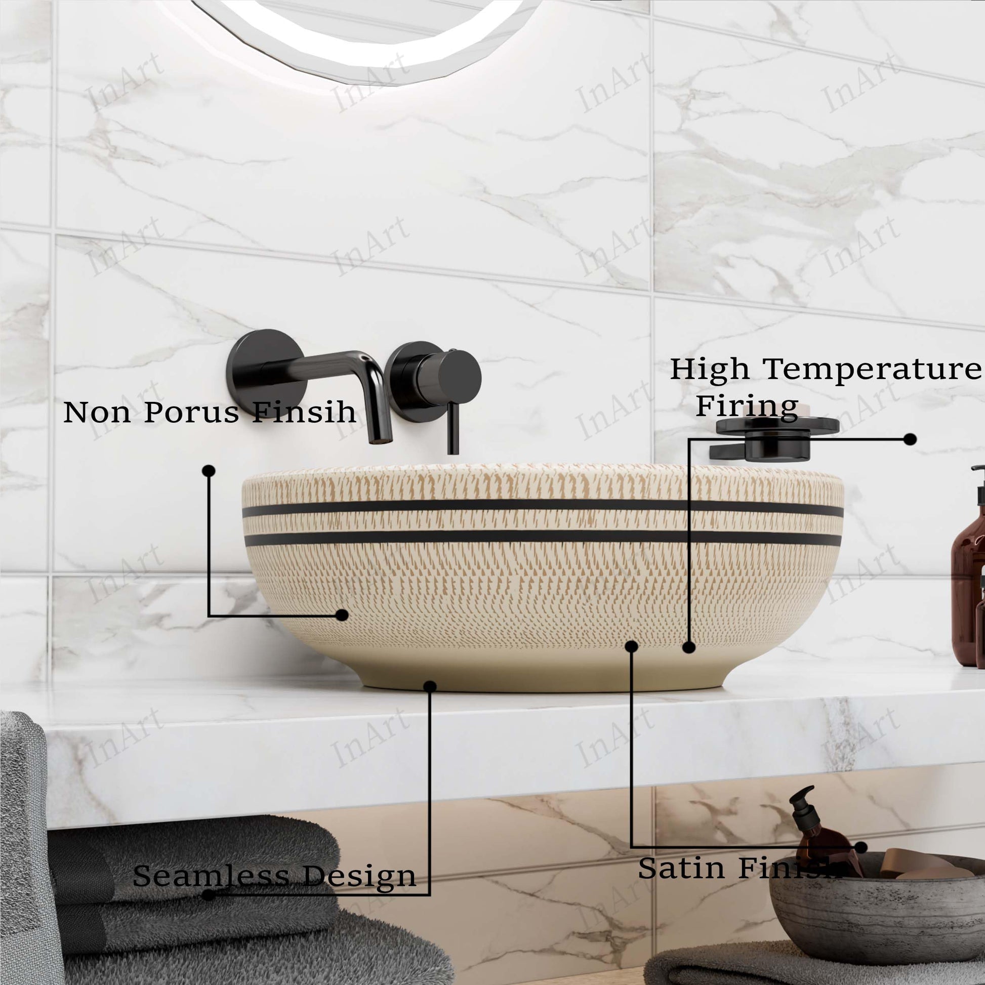 InArt Vessel Sinks for Bathroom 15.75" – Ceramic, Beige Satin, Textured Pattern, additional product view 3