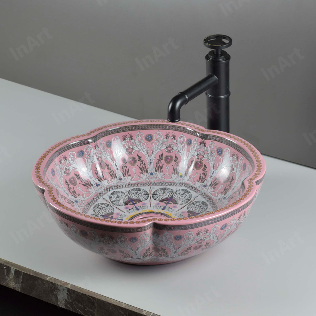 InArt vessel sink ceramic oval glossy pink tabletop wash basin, European style over counter bathroom basin bowl