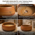 InArt Wood-Grain Glossy Ceramic Round Vessel Sink – Above Counter, 16.5