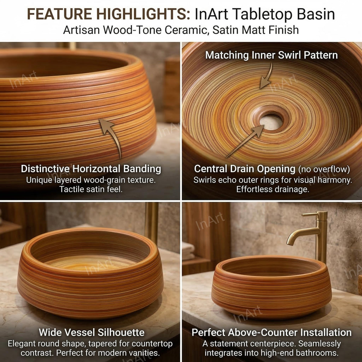 InArt Wood-Grain Glossy Ceramic Round Vessel Sink – Above Counter, 16.5" Bathroom Bowl, additional product view 3