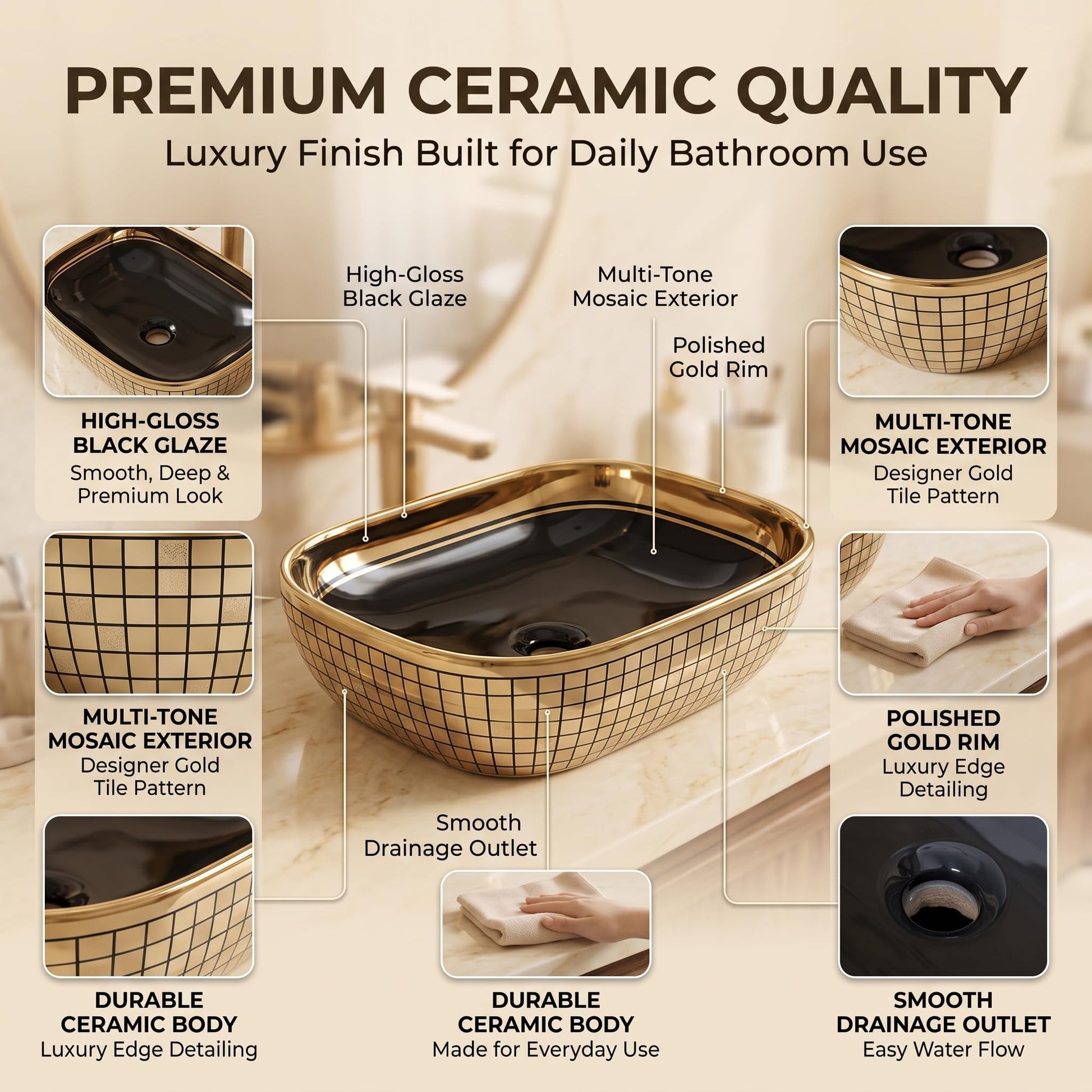 Black and Gold Rectangular Ceramic vessel bathroom sink, additional product view 6