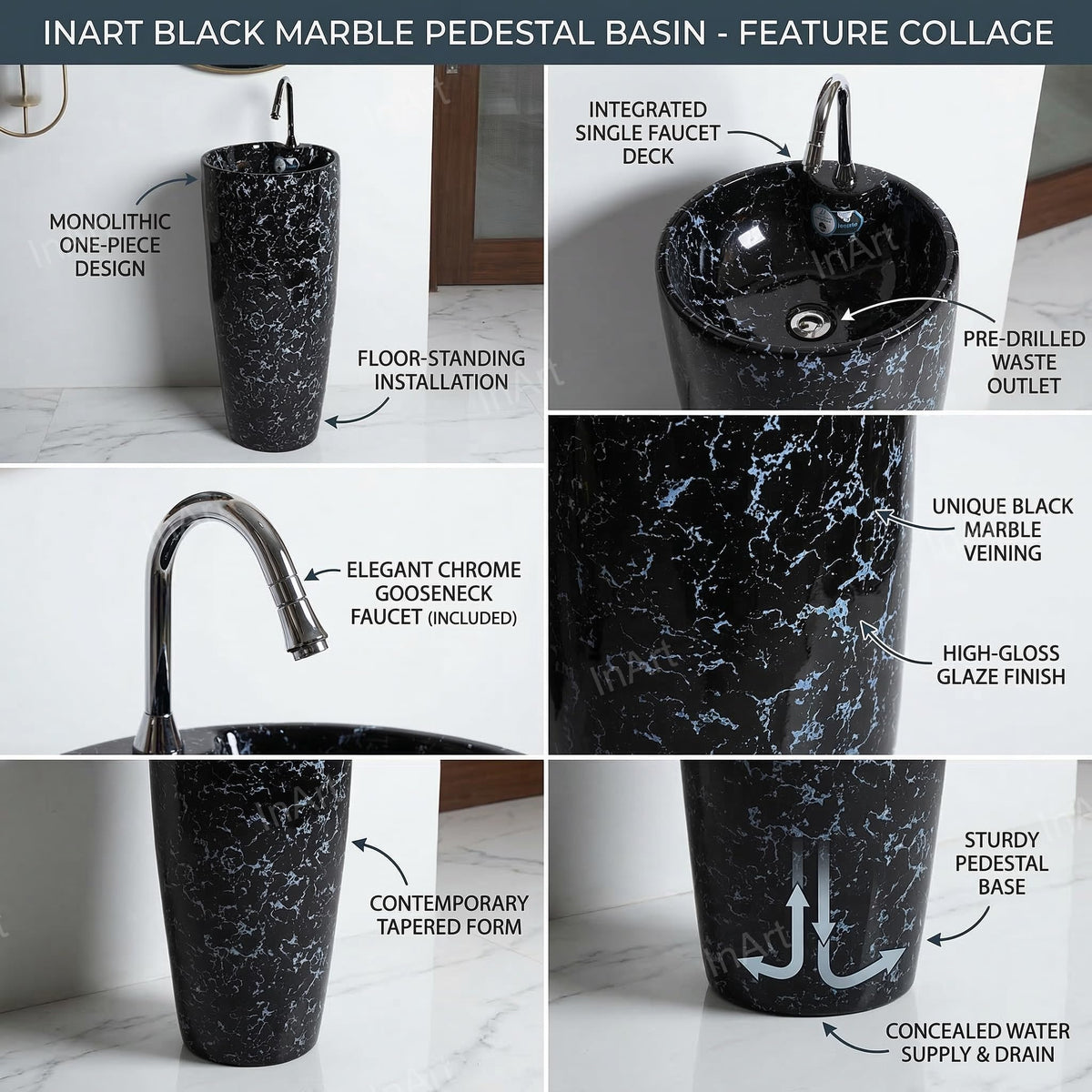 InArt Basin Pedestal Sink - Standing Bathroom Sink Black Marble 38x38 CM, additional product view 3