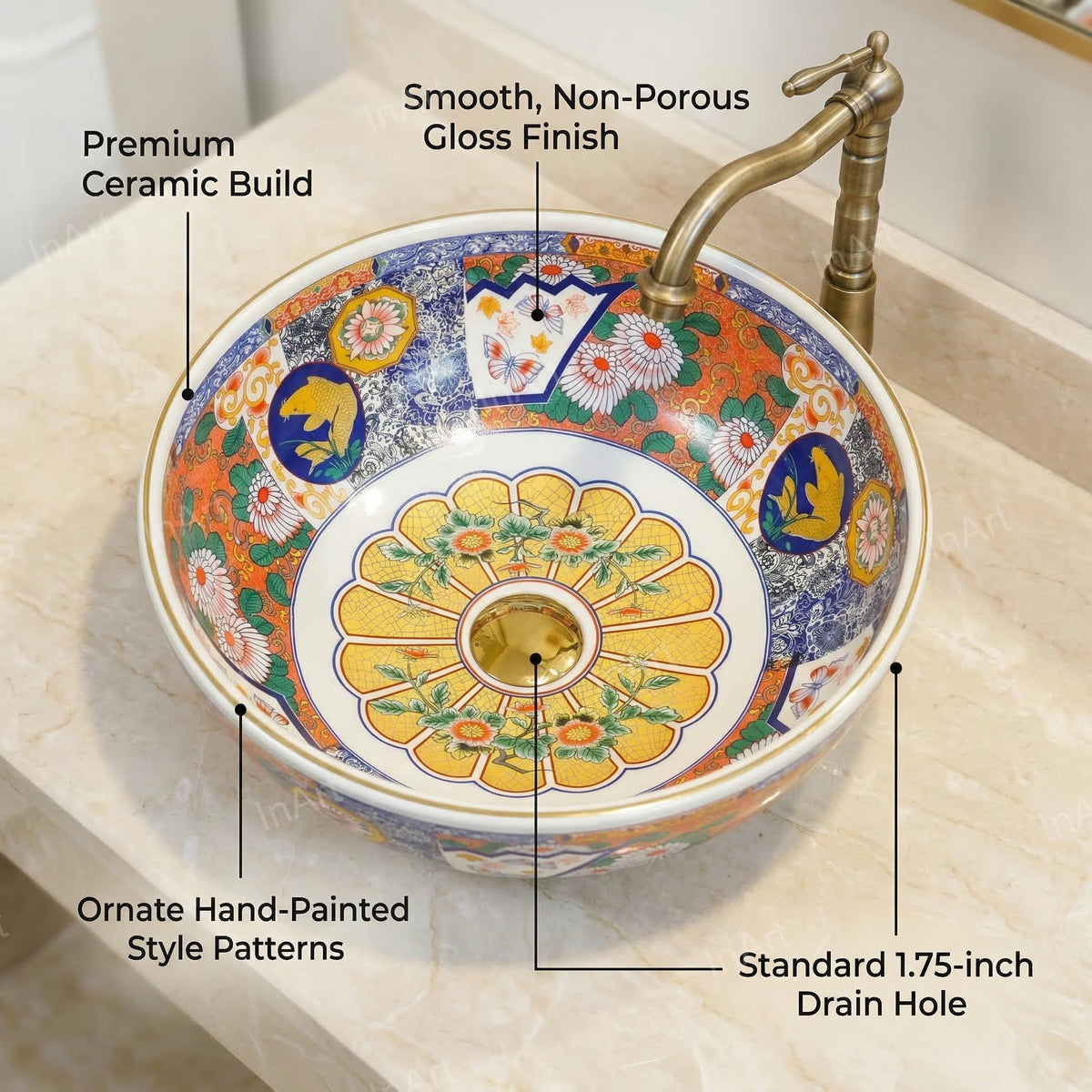 InArt Glossy White Ceramic Round Vessel Sink – Mexican Style Pattern, 16.5", additional product view 2