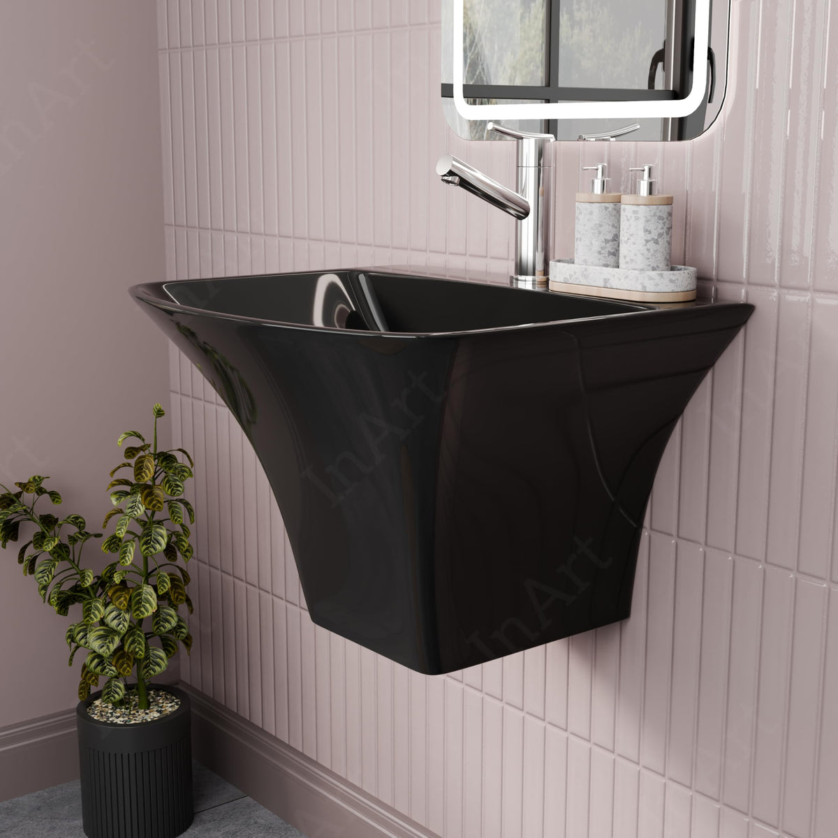InArt Black Wall-Mounted Ceramic Bathroom Sink with Half Pedestal, 19 x 17 Inch, additional product view 6