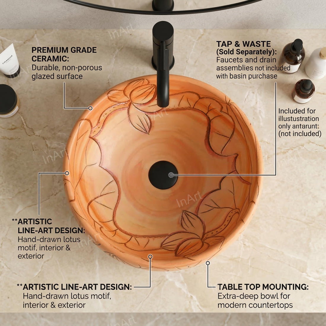InArt Vessel Sinks for Bathroom – 15.75" Ceramic Round, Peach Beige Floral Line Art