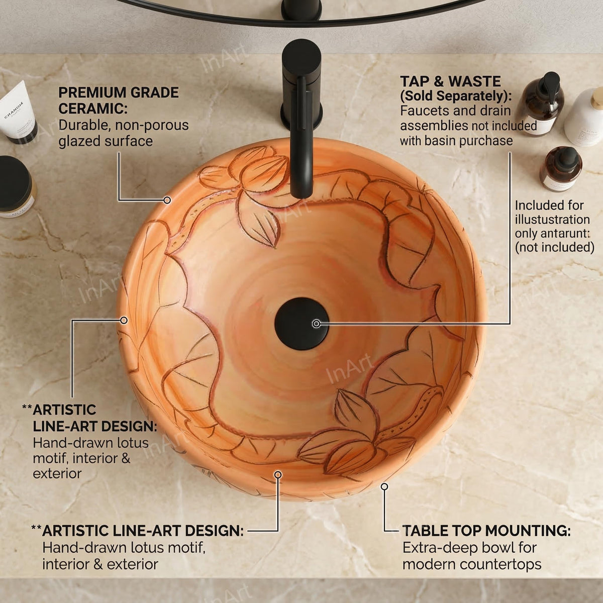 InArt Vessel Sinks for Bathroom – 15.75" Ceramic Round, Peach Beige Floral Line Art, additional product view 2