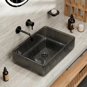 InArt Smoked Black Tempered Glass Rectangular Vessel Sink – Textured Design, 18.11"x12.99"