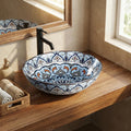 Close-up of blue Mexican pattern on glossy ceramic round vessel sink, talavera pottery detail