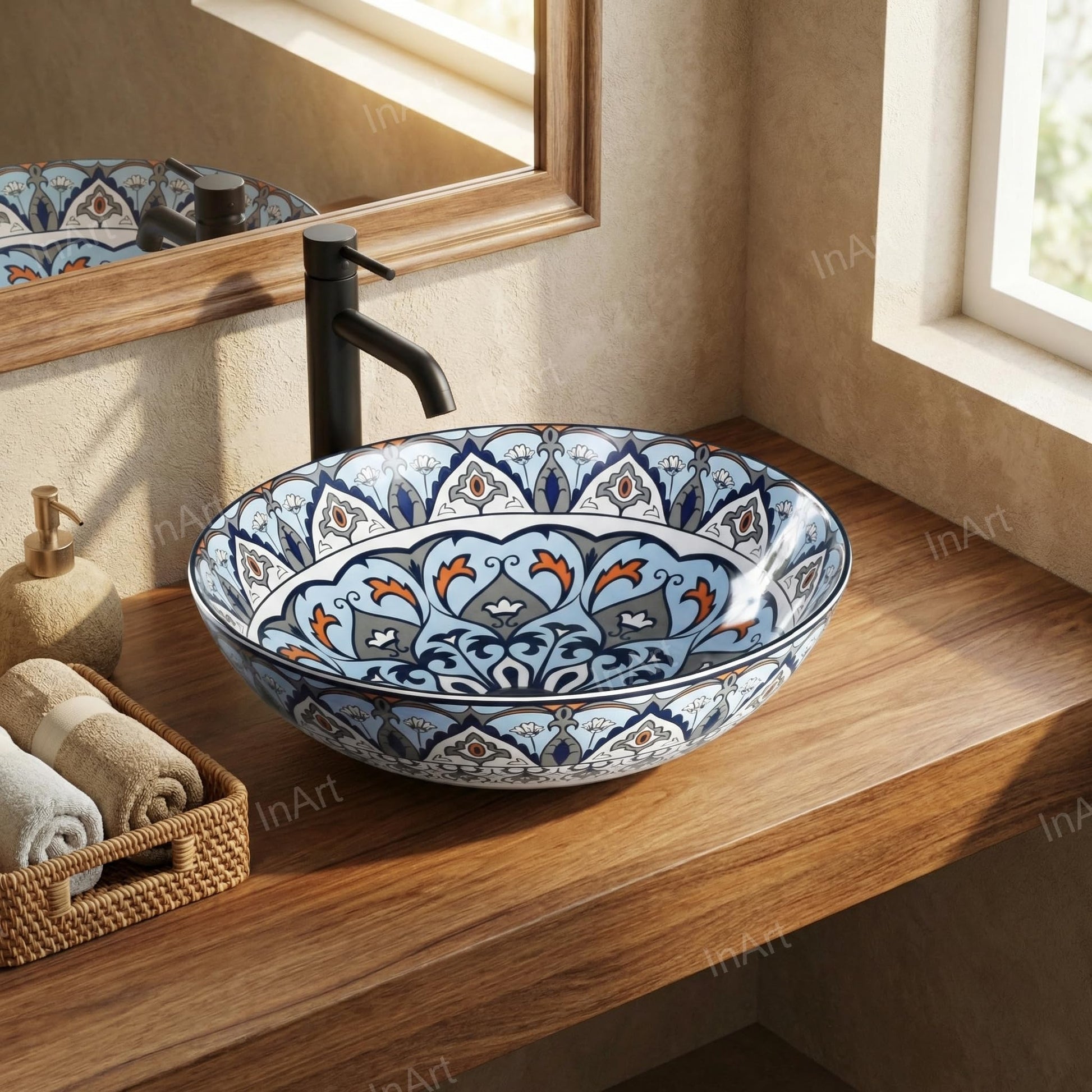 Close-up of blue Mexican pattern on glossy ceramic round vessel sink, talavera pottery detail