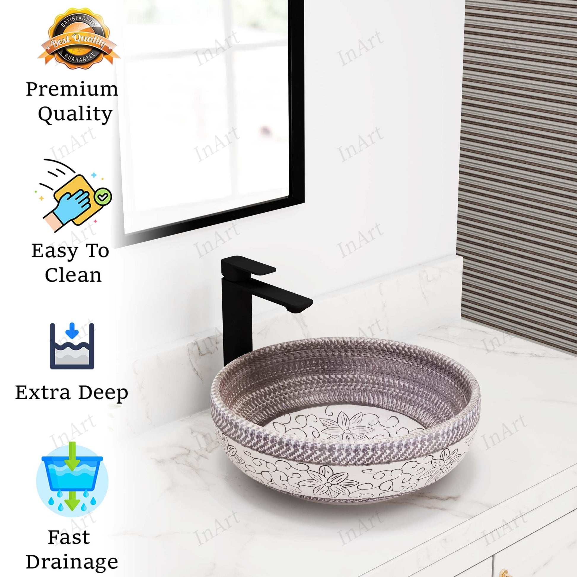 Bathroom vessel sink angled view, square matte ceramic vessel sink on vanity