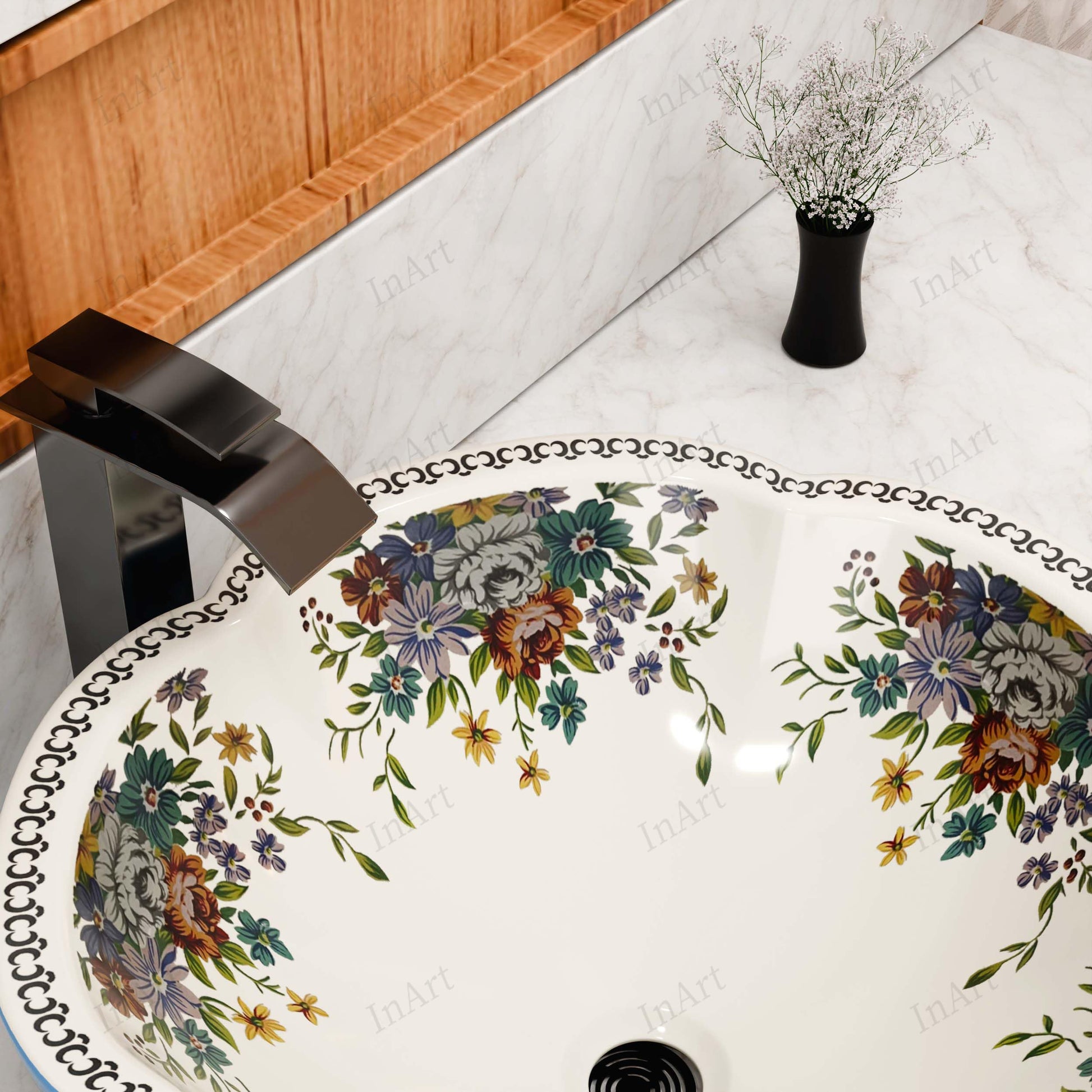 Contemporary vanity bathroom upgrade with InArt glossy blue floral ceramic round countertop basin detail