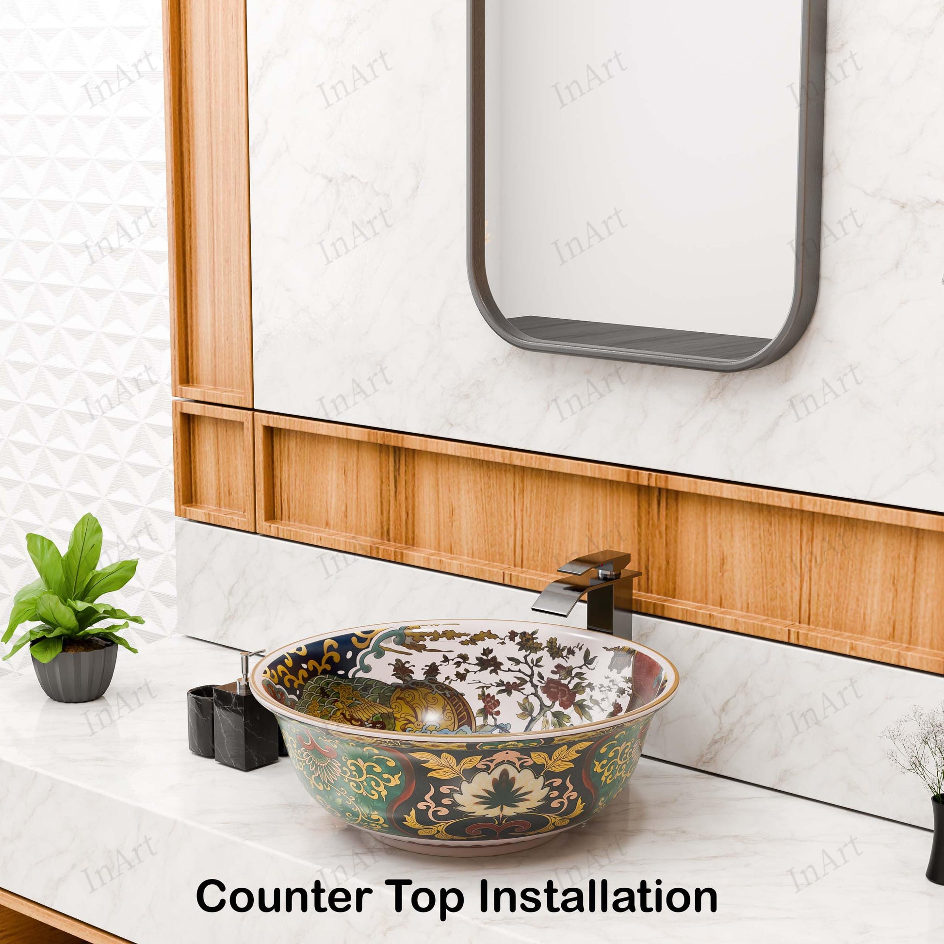 Interior bowl detail of round ceramic vanity vessel sink, smooth glazed finish and colorful pattern
