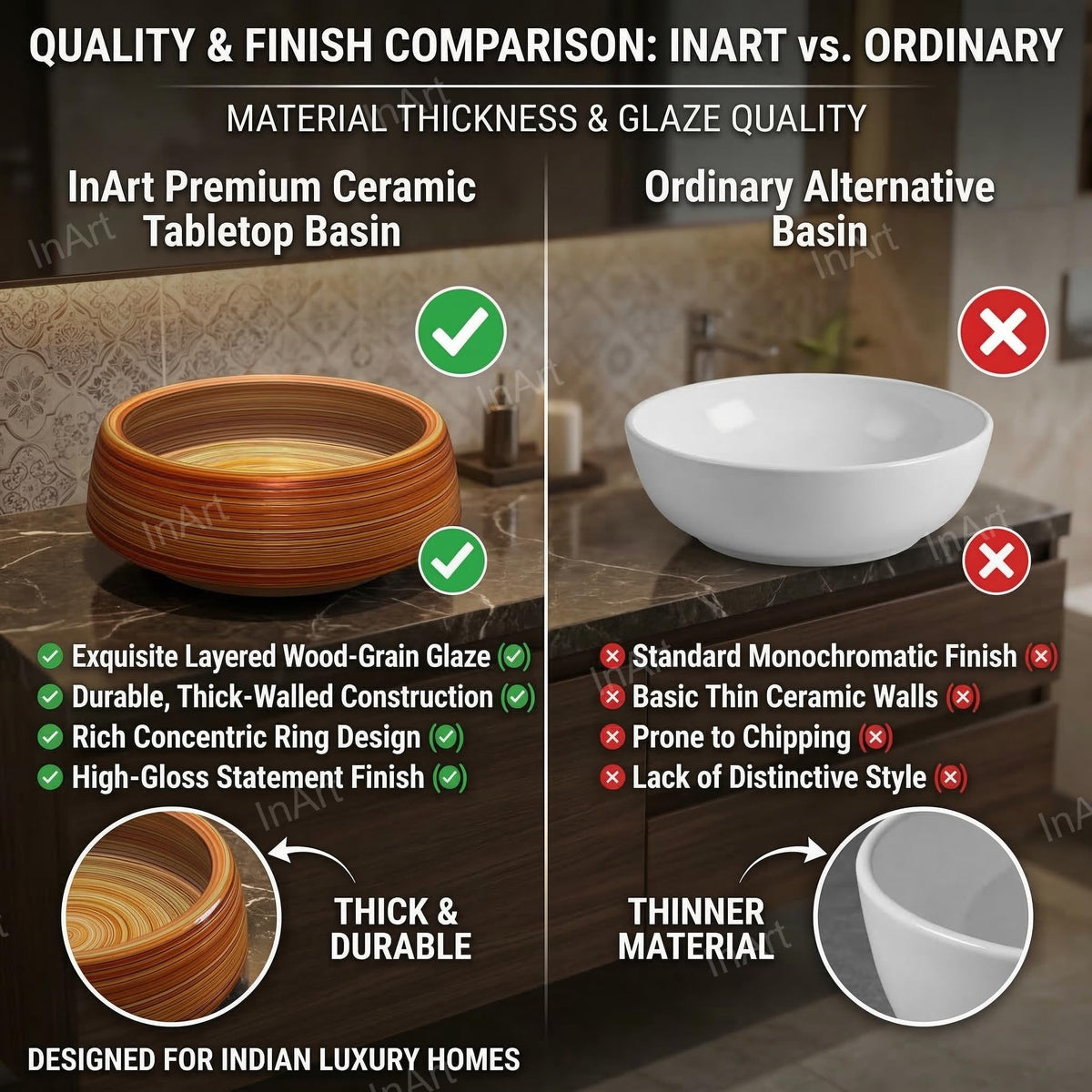 InArt Wood-Grain Glossy Ceramic Round Vessel Sink – Above Counter, 16.5" Bathroom Bowl, additional product view 7