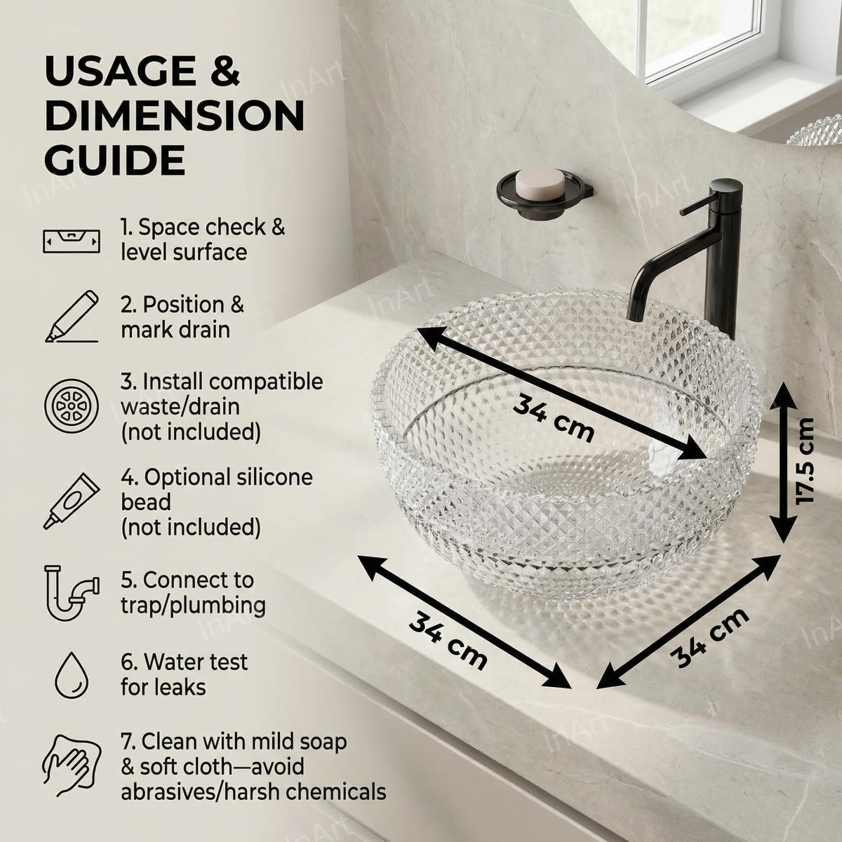 InArt Clear Glass Countertop Vessel Sink for Modern Bathroom Vanities, 13.4 Inch, additional product view 6