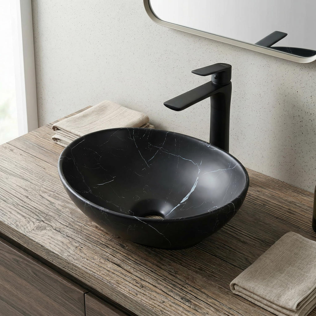 16 inch vessel sink InArt countertop ceramic wash basin, rectangular matte black finish
