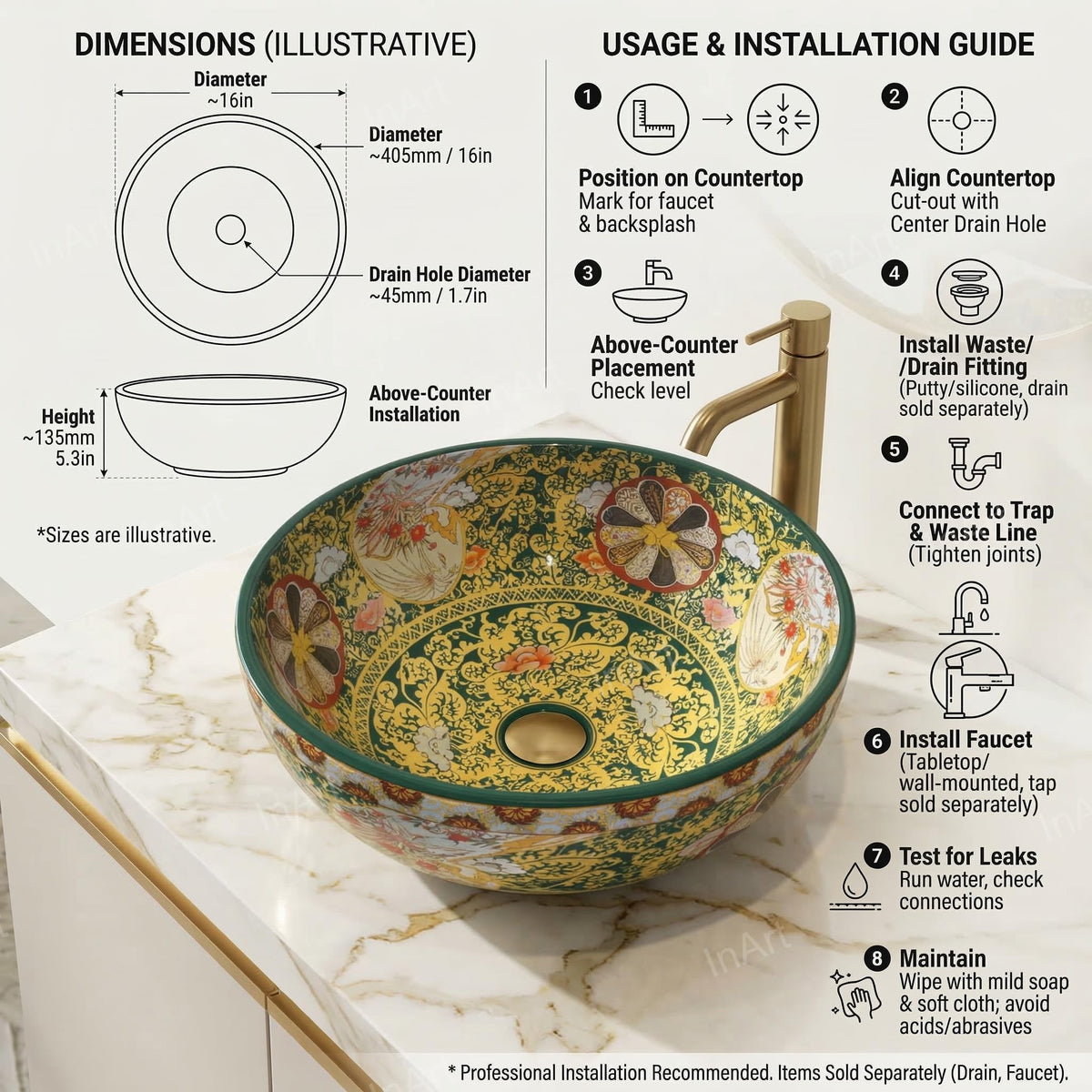 InArt Vessel Sinks for Bathrooms 16.5" – Ceramic, Glossy Green, Patterned Glaze, additional product view 6
