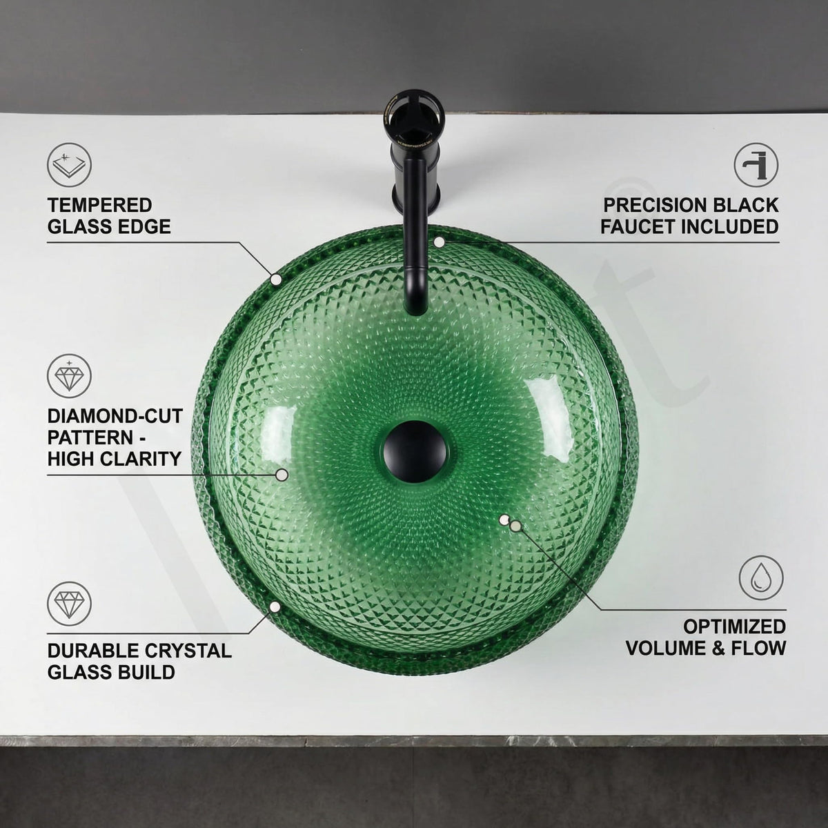InArt Green Glass Round Vessel Sink – Diamond-Cut Faceted Bowl, 16.5", additional product view 3