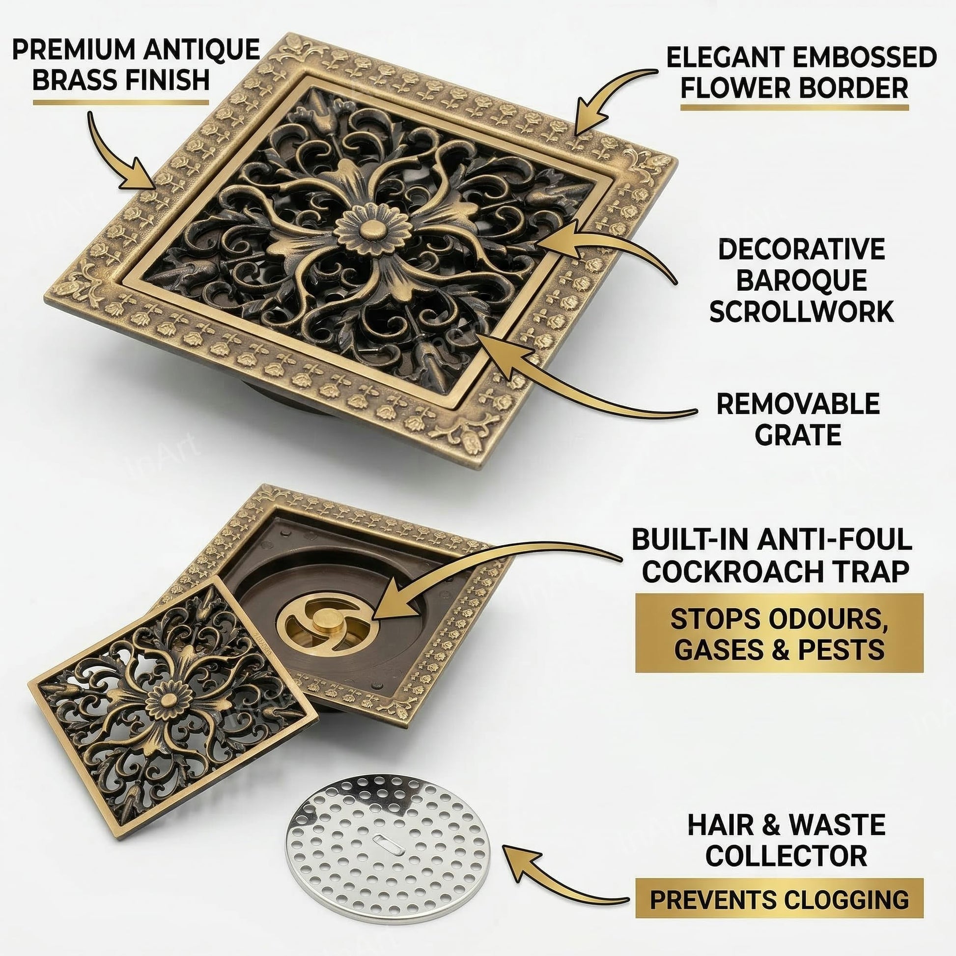 InArt 12 x 4 Inch Square Brass Shower Drain Channel with Removable Grate, additional product view 3