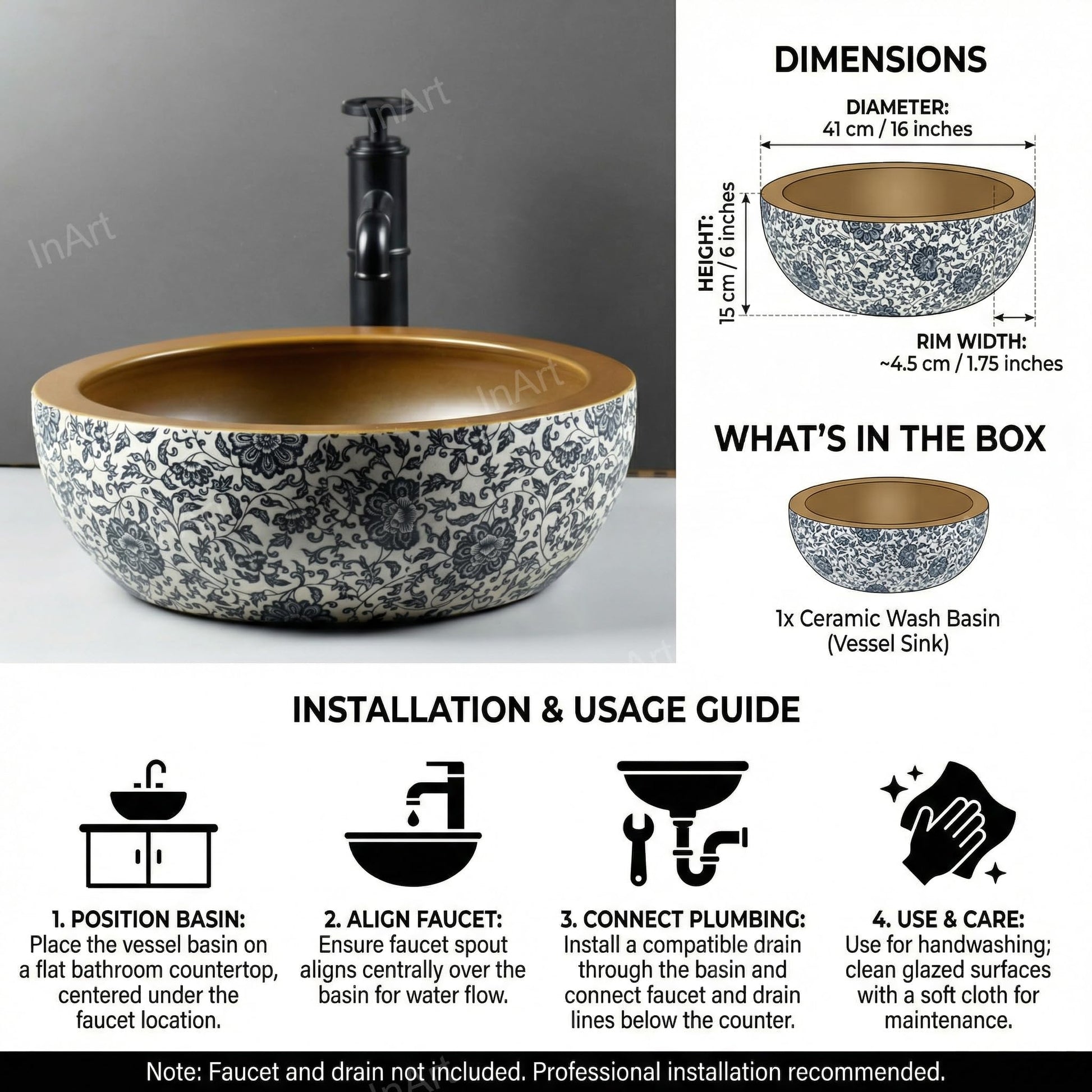 Bowl sink on vanity styled on granite countertop, multicolor Moroccan ceramic square vessel sink for bathroom