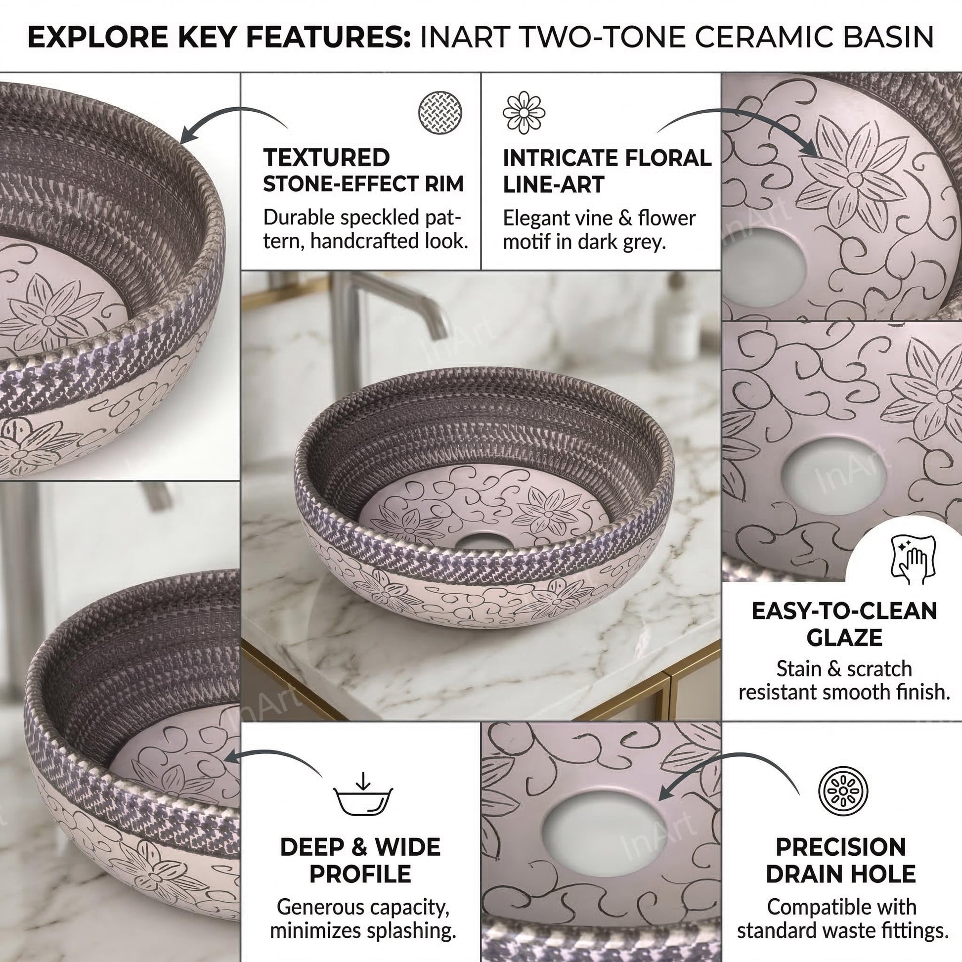 InArt Ash Gray/White Ceramic Round Vessel Sink – Satin Finish Patterned Exterior, 16", additional product view 4