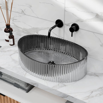 Glass vanity countertop InArt luxury black silver oval glass basin sink 50x37cm glossy vessel sink