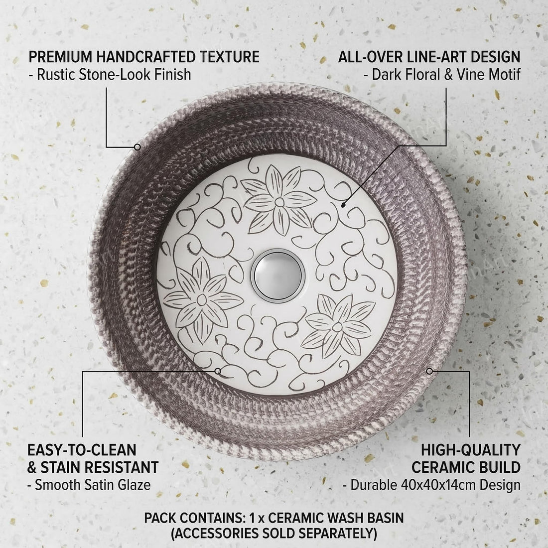InArt Ash Gray/White Ceramic Round Vessel Sink – Satin Finish Patterned Exterior, 16"