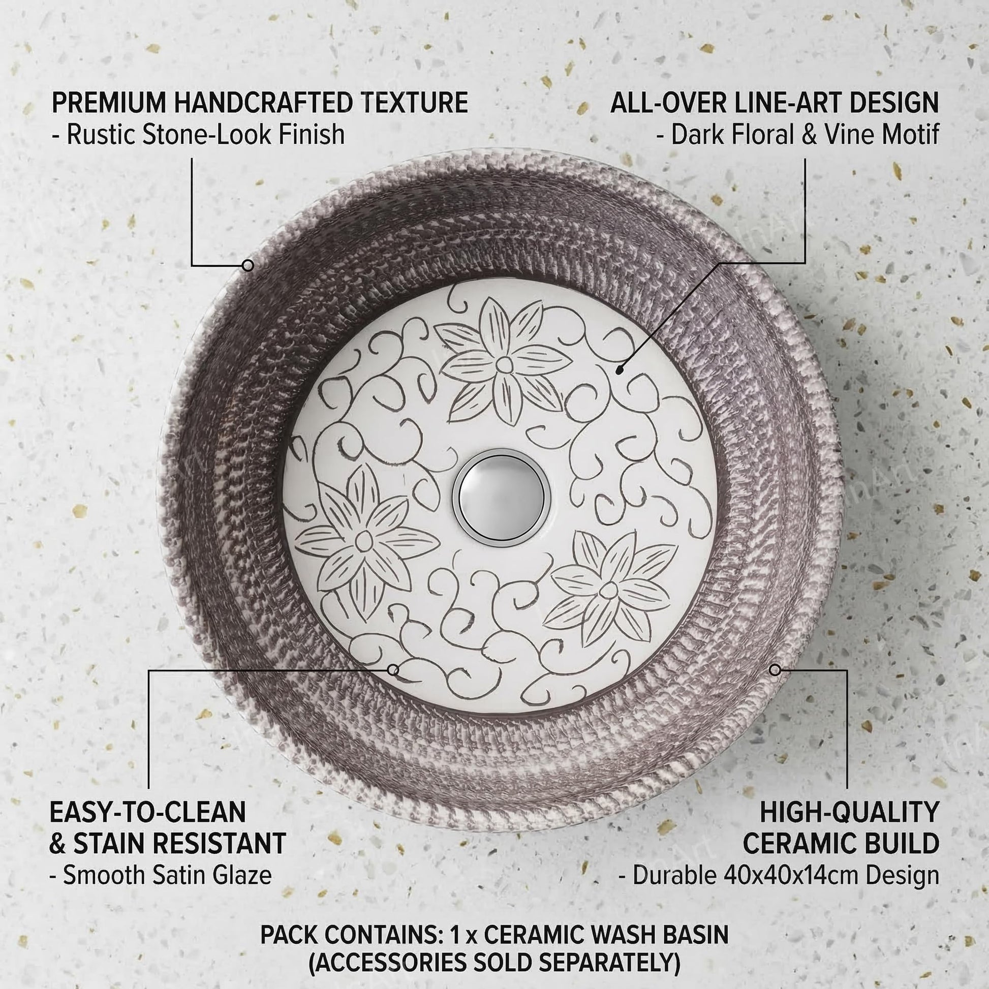 InArt Ash Gray/White Ceramic Round Vessel Sink – Satin Finish Patterned Exterior, 16", additional product view 2