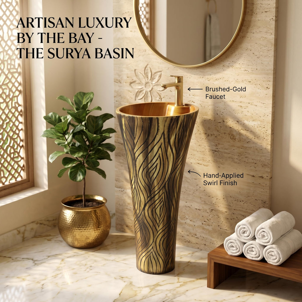 InArt Basin Pedestal Sink - Standing Bathroom Sink Wooden 38x38 CM, additional product view 2