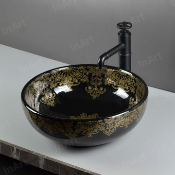 Bathroom sinks above counter: InArt glossy black ceramic round vessel sink, 41cm tabletop wash basin