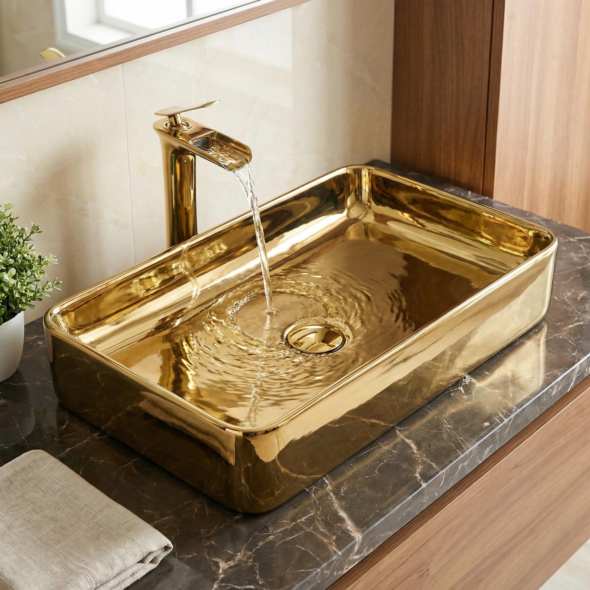 Gold Rectangular Ceramic vessel bathroom sink