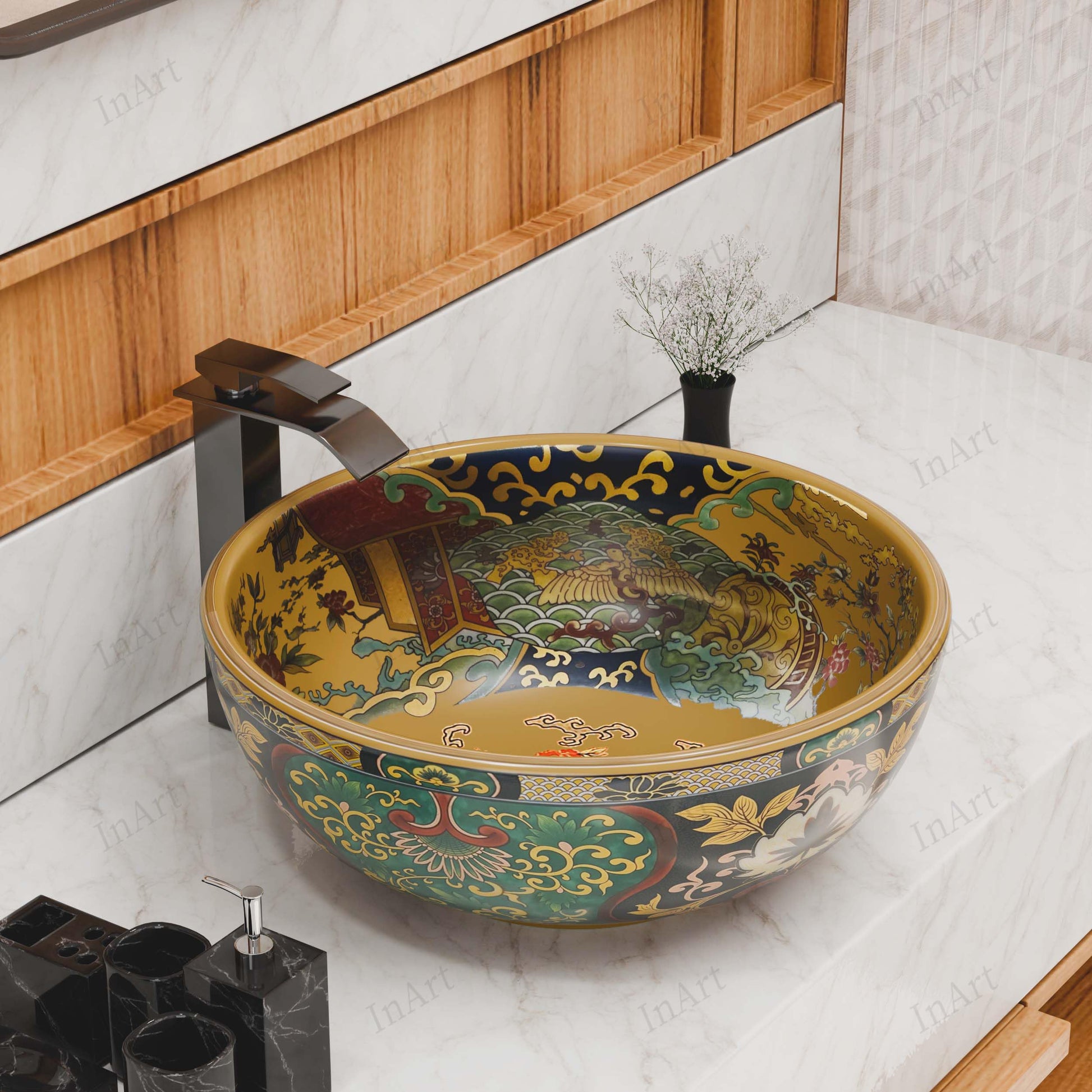 Bathroom sink round bowl with drain opening detail, round ceramic vessel sink for countertop installation