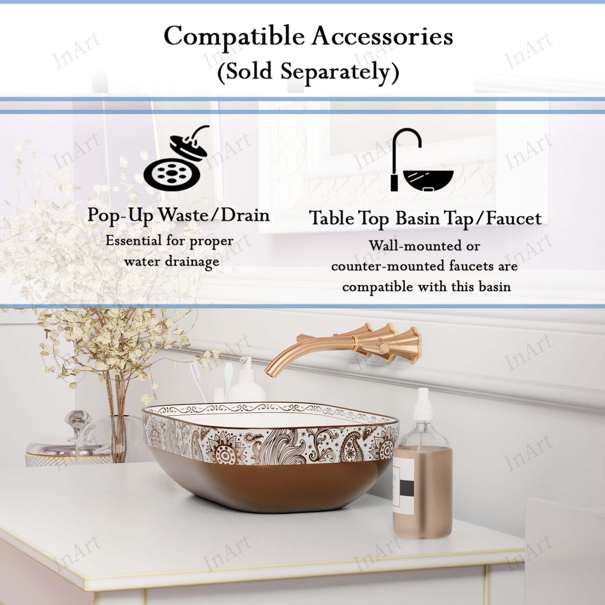 Above counter bathroom sink detail, rose gold finish on rectangular ceramic vessel basin with smooth rim