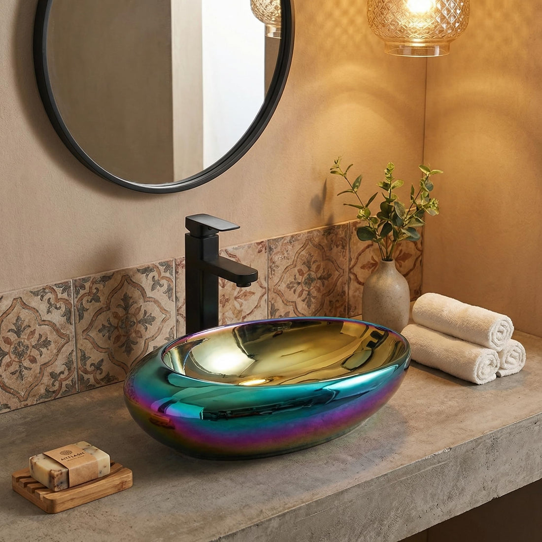 Vessel sinks for bathroom - InArt ceramic oval countertop wash basin, glossy white 50x30 cm