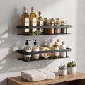Two rectangular bathroom storage shelves in matte black aluminum
