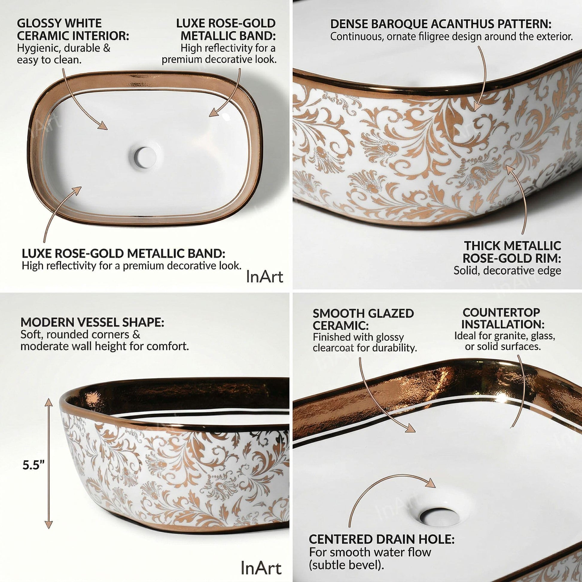 Bathroom sinks above counter side angle showing InArt rose gold ceramic wash basin rectangular vessel