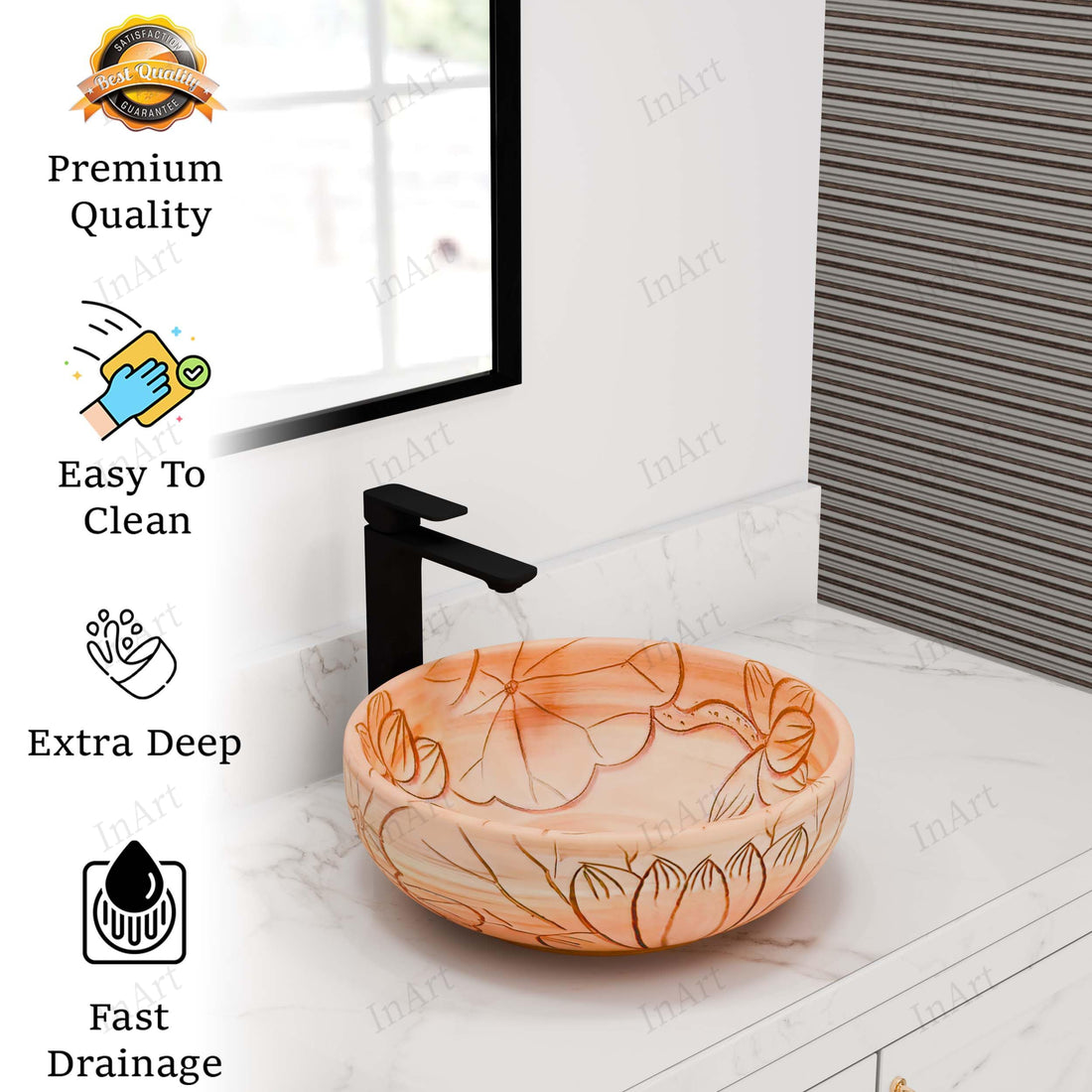 InArt Vessel Sinks for Bathroom – 15.75" Ceramic Round, Peach Beige Floral Line Art