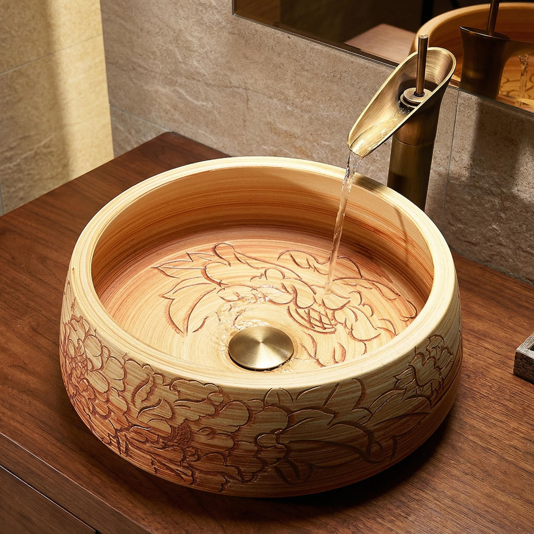 InArt Wood-Tone Ceramic Round Vessel Sink – Floral Art Design, 16.5"