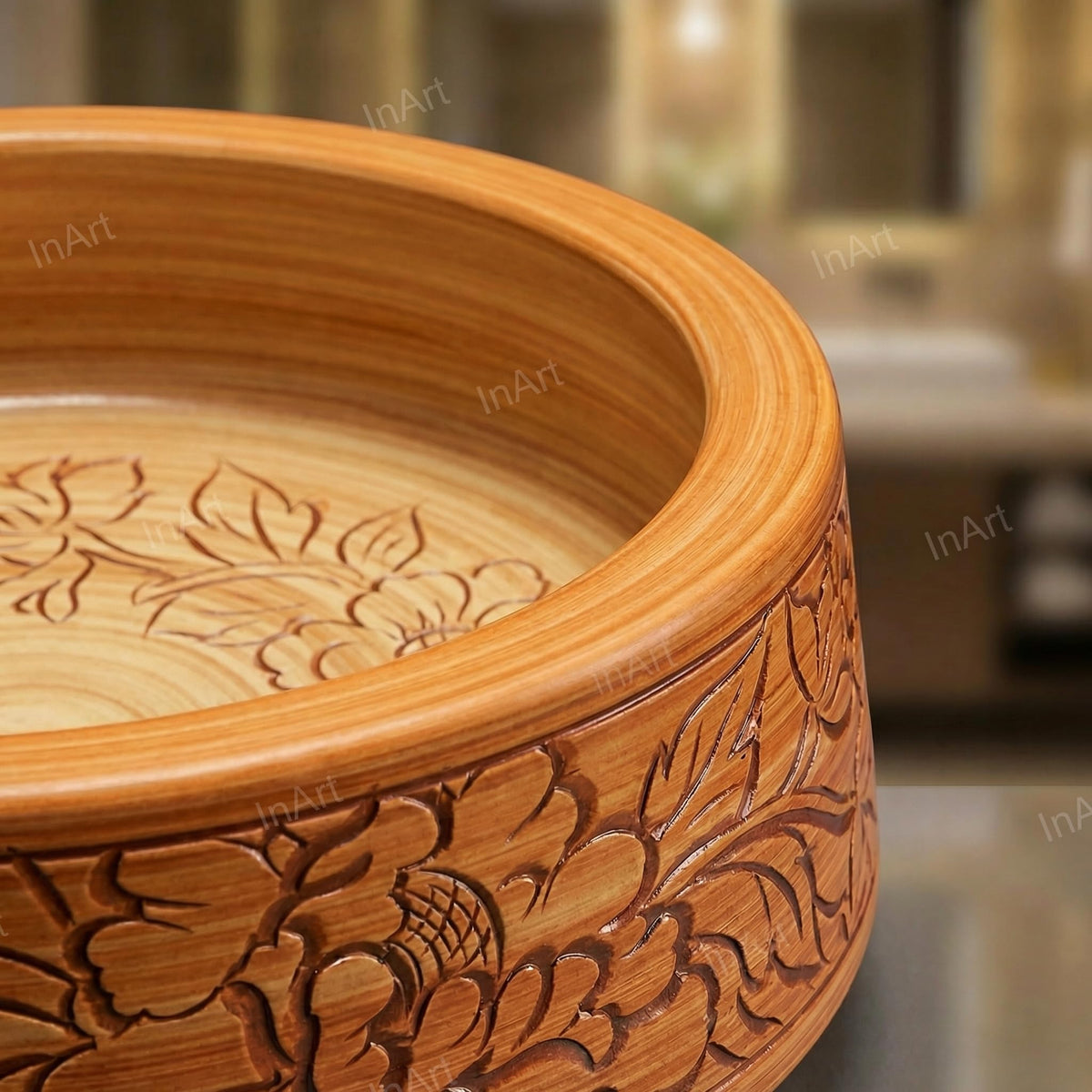 InArt Wood-Tone Ceramic Round Vessel Sink – Floral Art Design, 16.5", additional product view 5