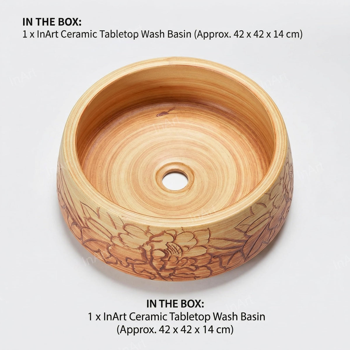 InArt Wood-Tone Ceramic Round Vessel Sink – Floral Art Design, 16.5", additional product view 8