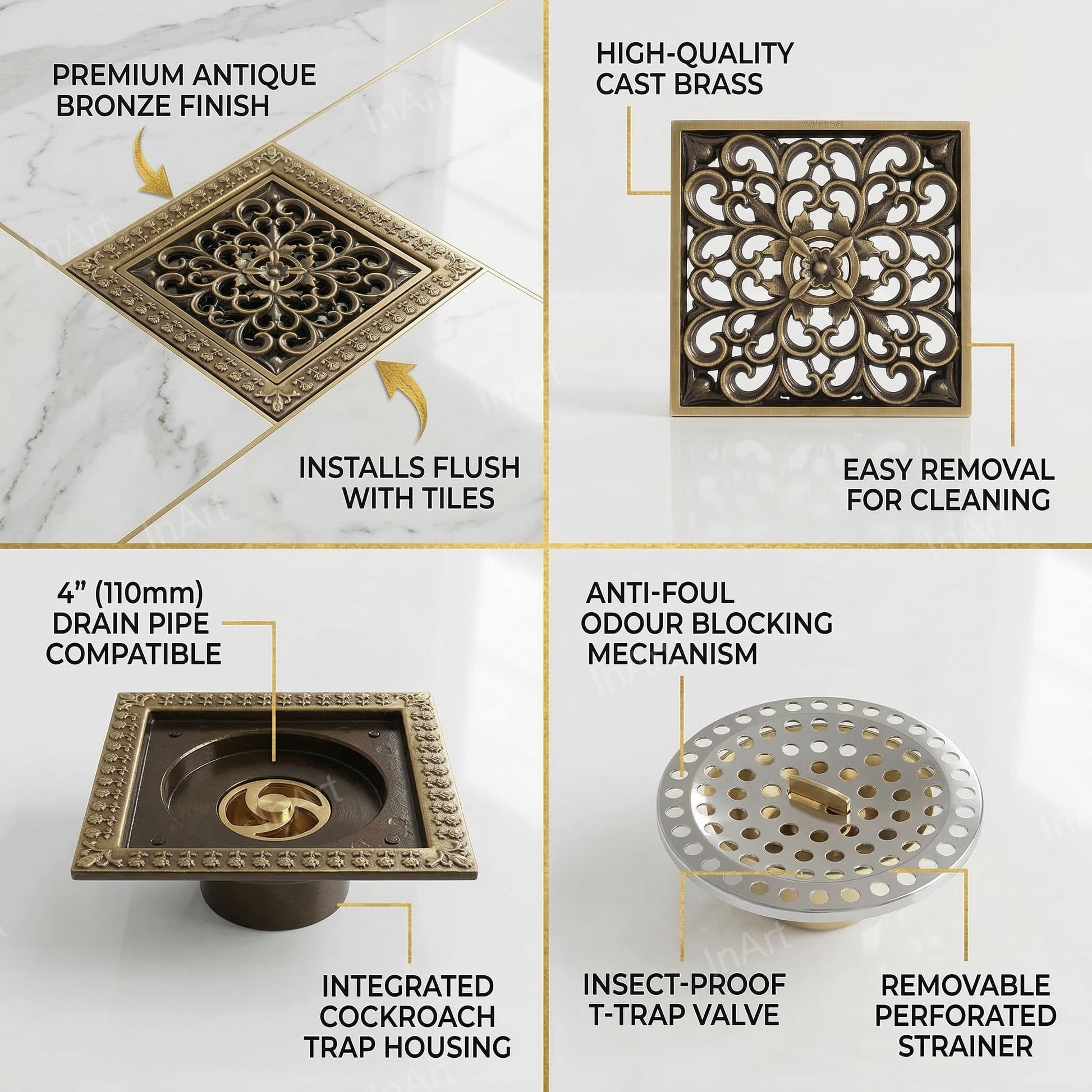 InArt 12 x 4 Inch Square Brass Shower Drain Cover with Removable Grate, additional product view 3