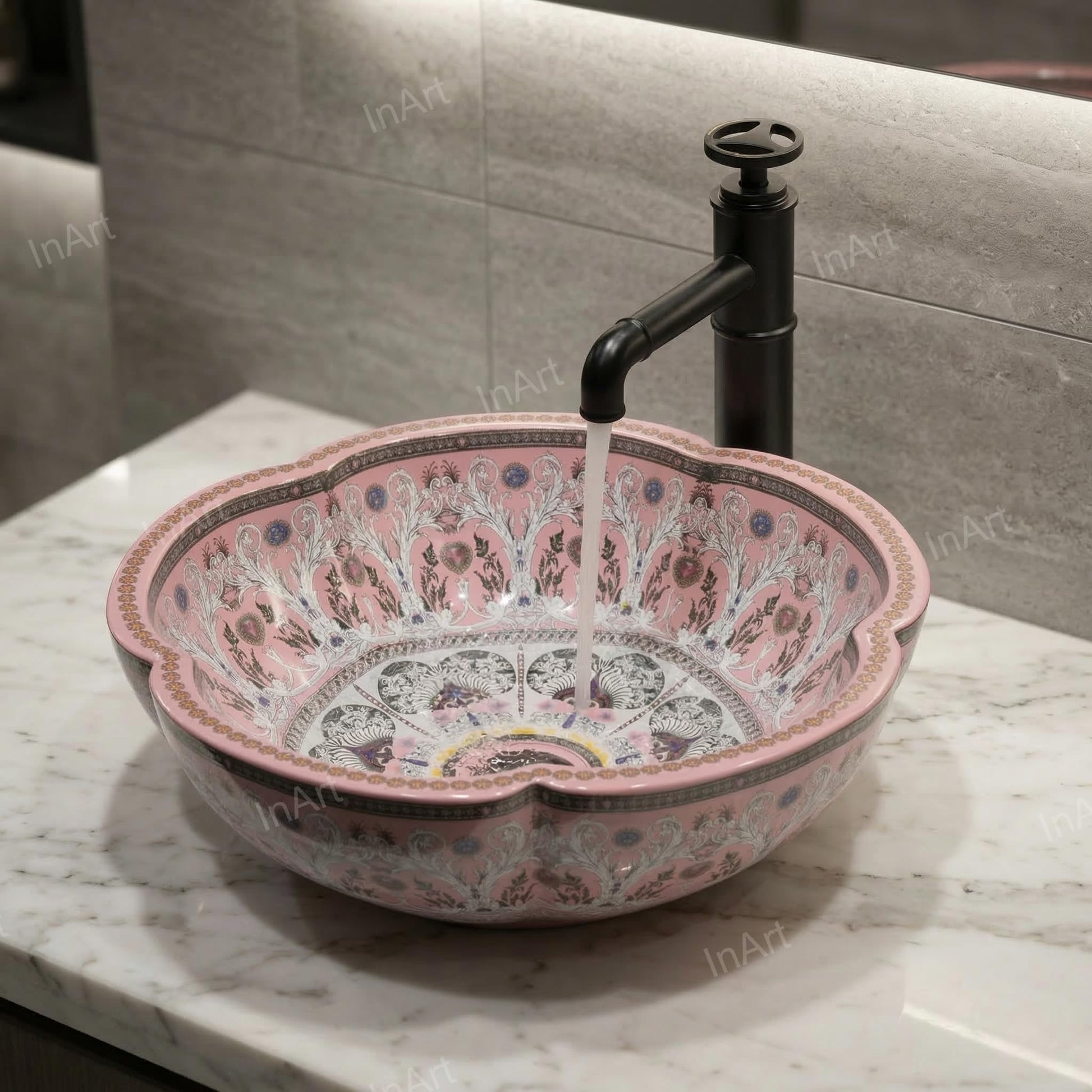 InArt Glossy Pink Ceramic Round Vessel Sink – Sink on Top of Vanity, 16" Scalloped, additional product view 4