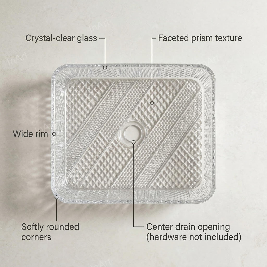 InArt Clear Rectangular Crystal Glass Vessel Sink for Countertop Bathrooms, 17.5 Inch