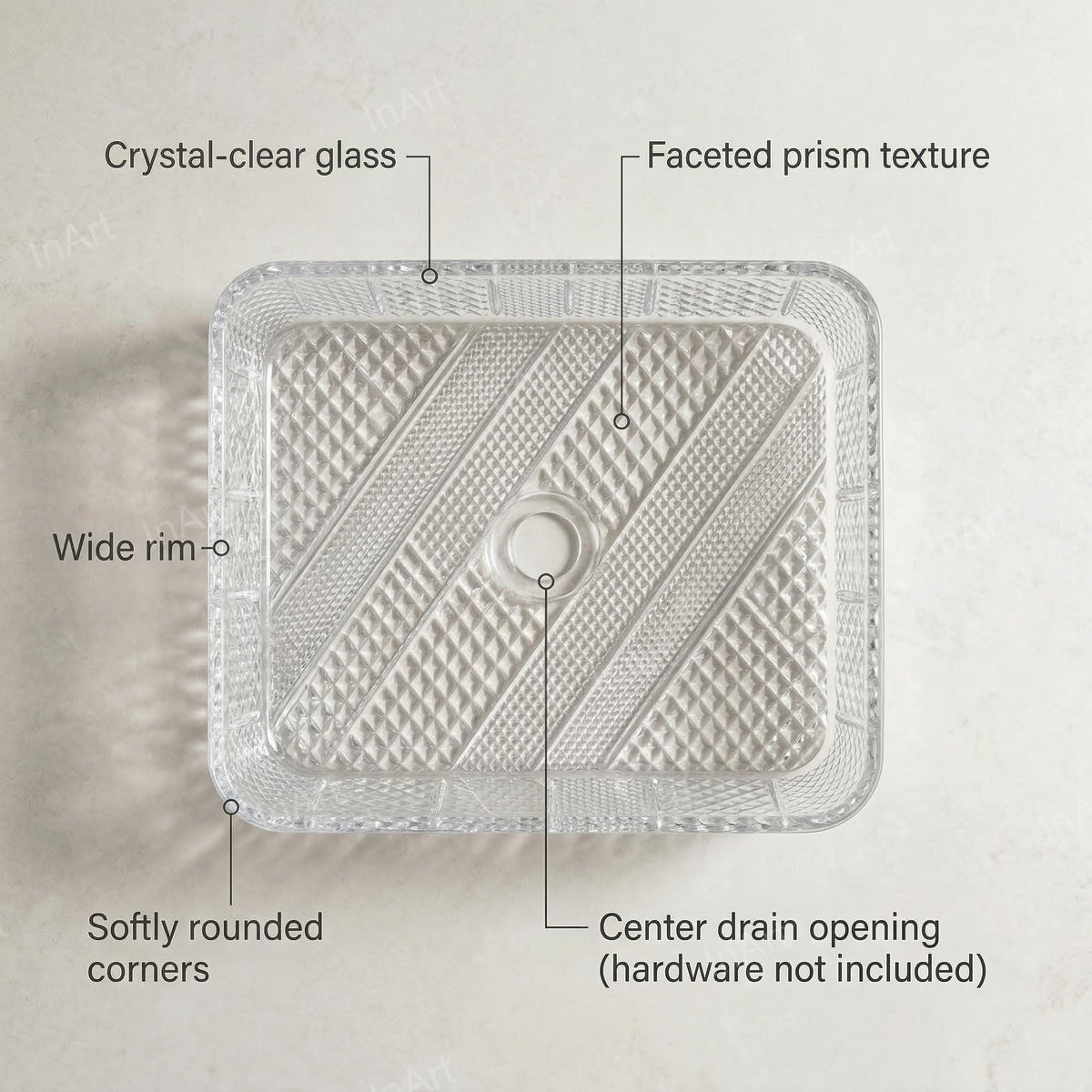 InArt Clear Rectangular Crystal Glass Vessel Sink for Countertop Bathrooms, 17.5 Inch, additional product view 2