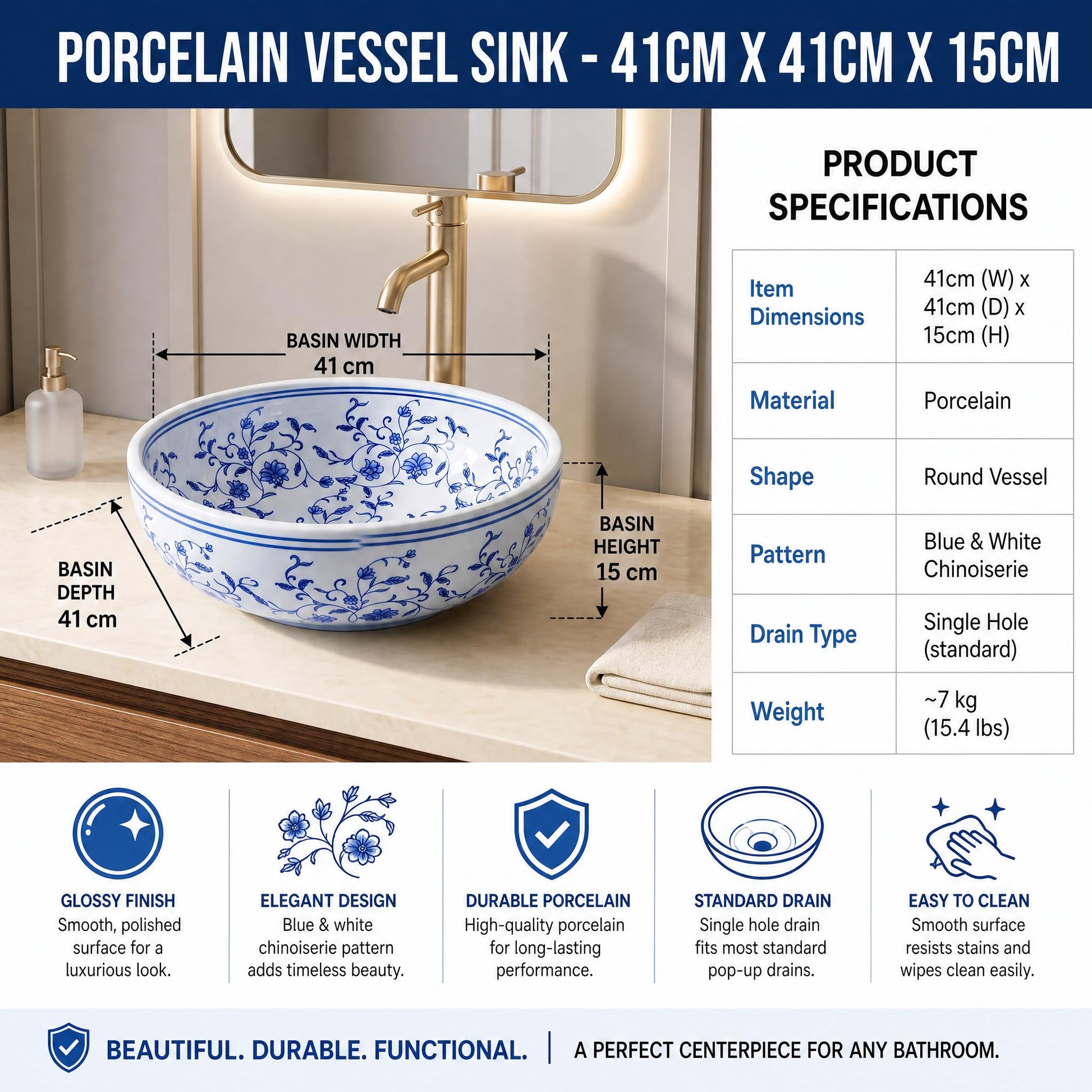 Blue and White Round Porcelain Ceramic vessel bathroom sink, additional product view 9