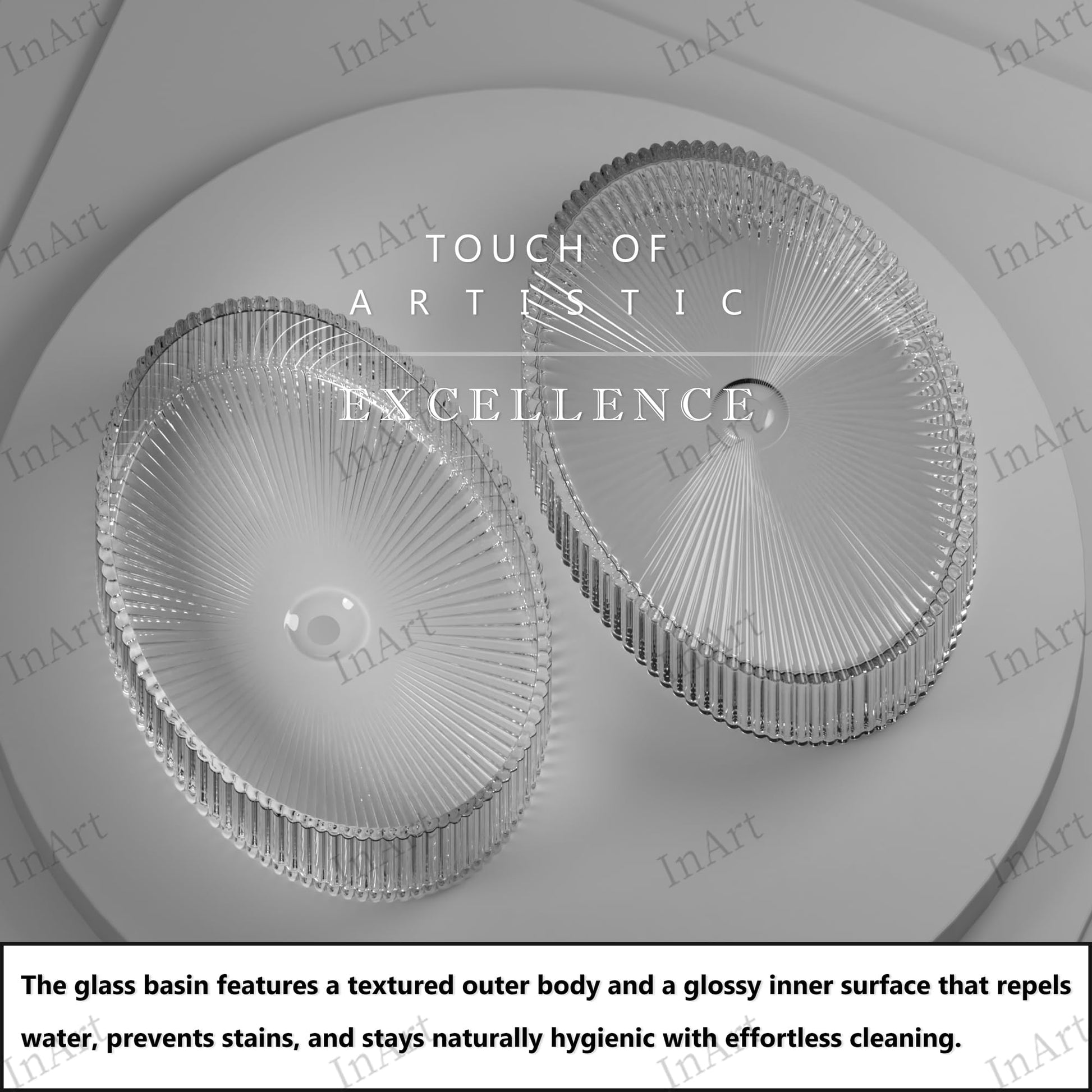 InArt Clear Glass Oval Vessel Sink – Fluted Ribbed Design, 19.7"x14.6", additional product view 8