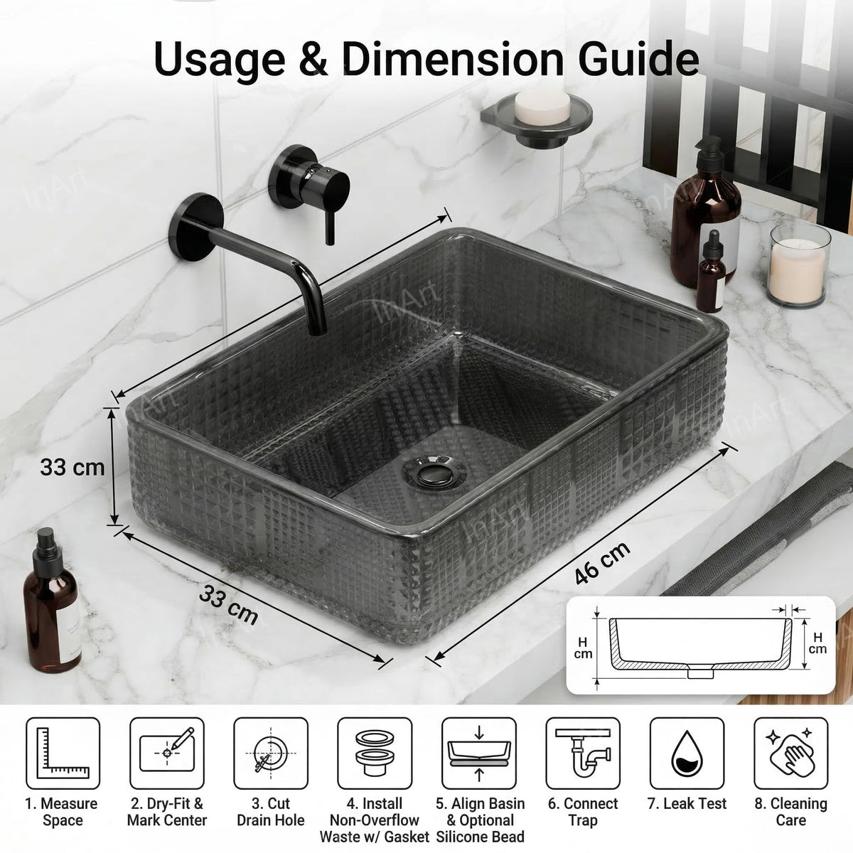 InArt Smoked Black Tempered Glass Rectangular Vessel Sink – Textured Design, 18.11"x12.99", additional product view 6