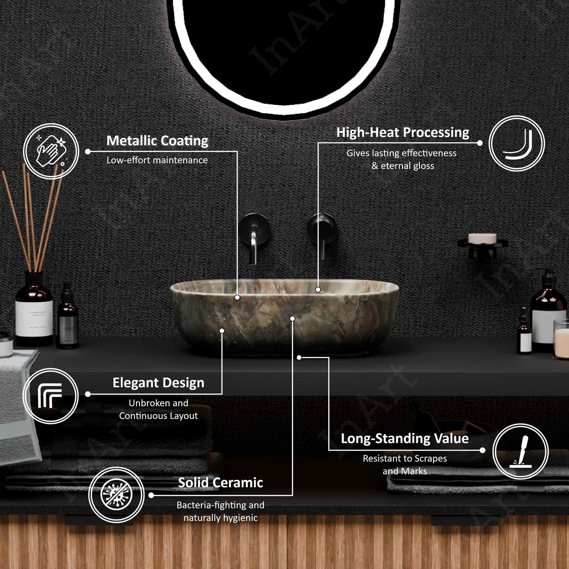 InArt Grey Round Ceramic Bathroom Vessel Sink product image 10 of 12