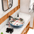 Single bathroom vanity with sink featuring blue floral ceramic round vessel bowl vanity, angled view